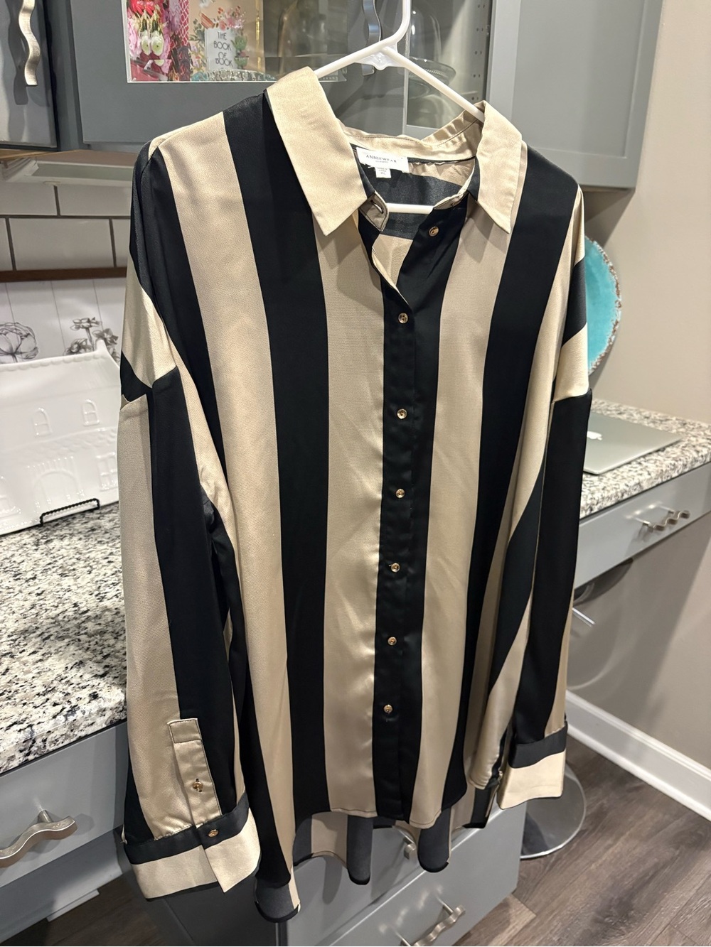 Women’s Striped Button-Up Shirt - Black & Beige